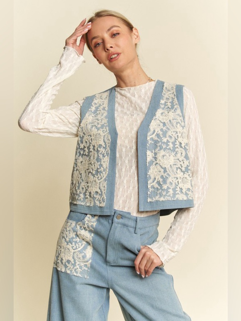 Davi & Dani Lace Patch Open Front Denim Vest